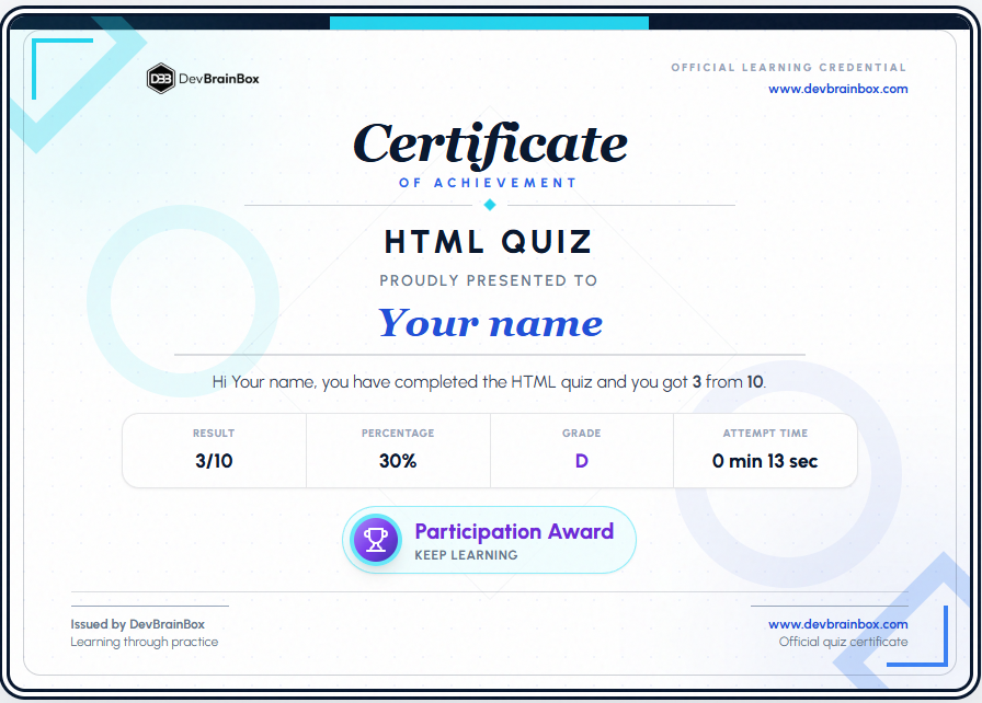 Sample DevBrainBox HTML quiz achievement certificate